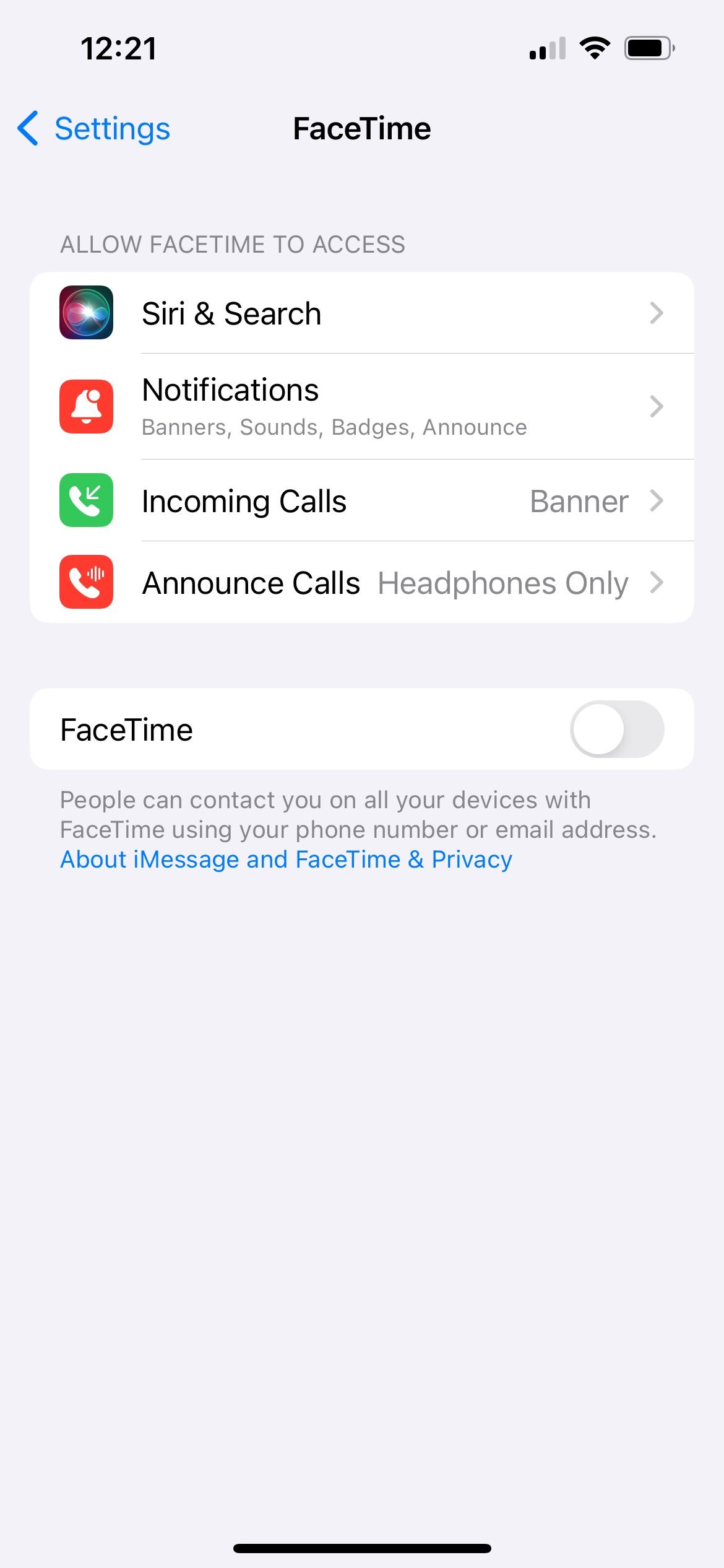 iphone facetime toggled off in settings