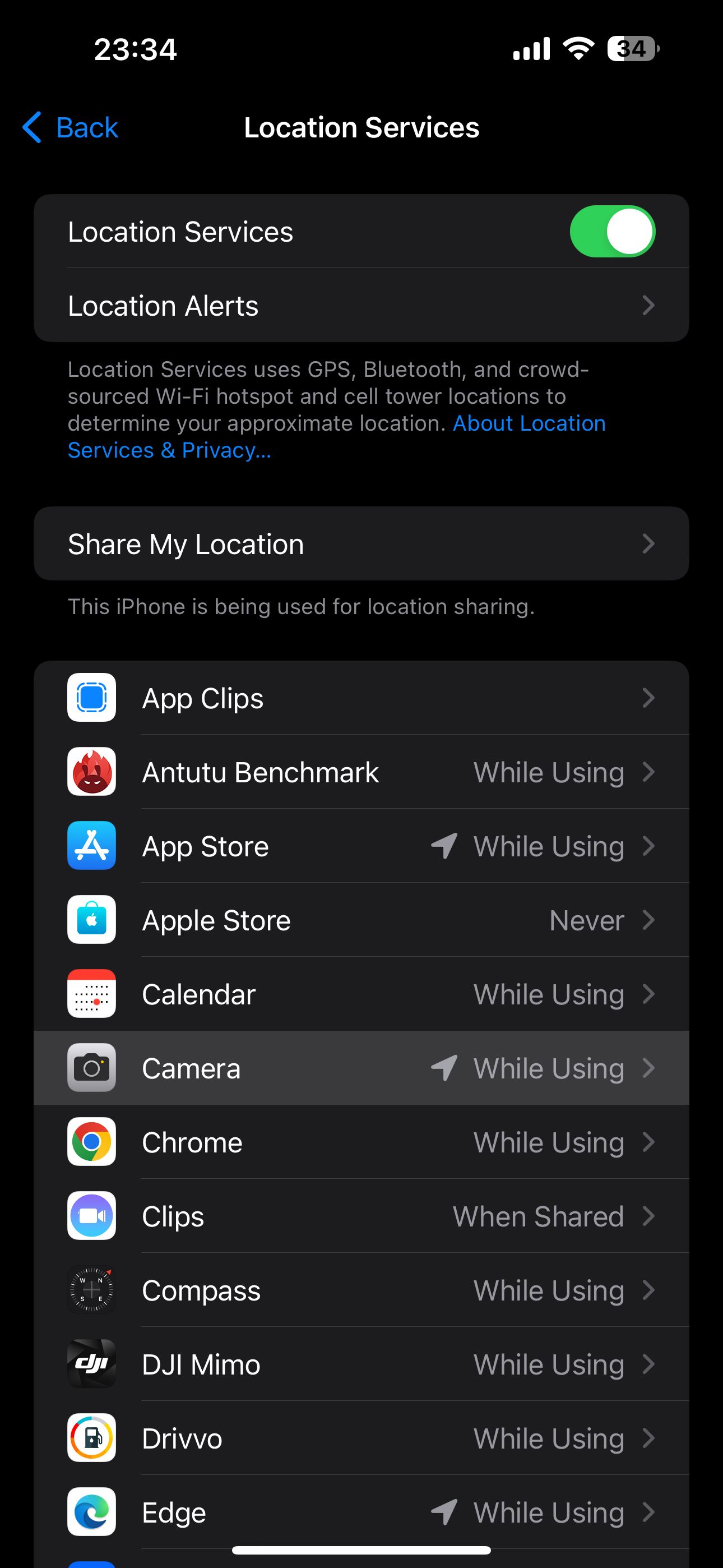 iPhone Location Services settings