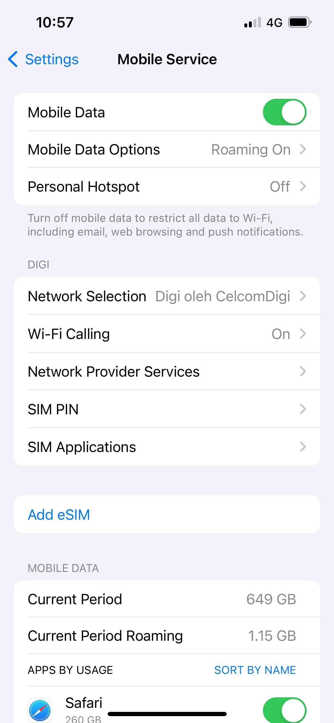 iphone mobile service settings