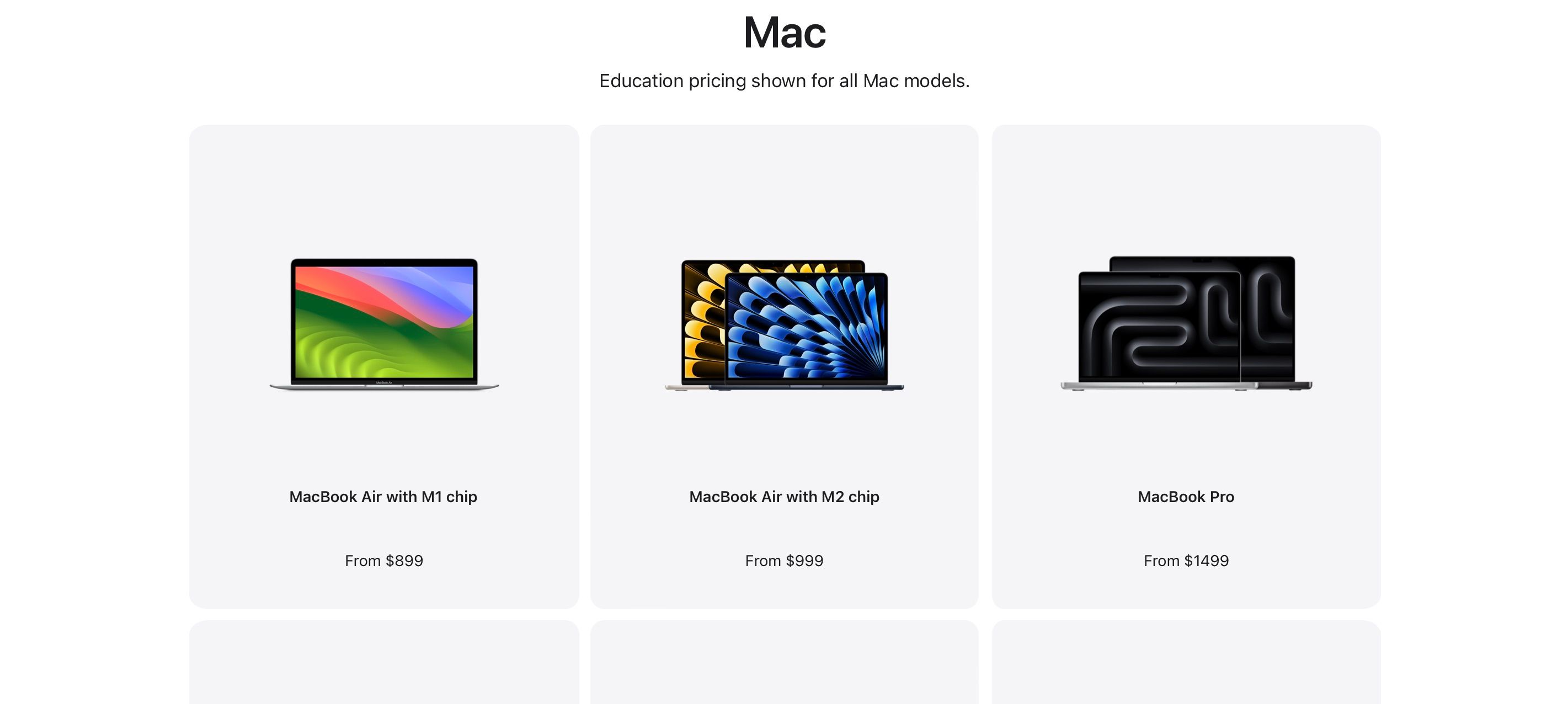 A screenshot showing prices of different Macs in the Apple Student Discount
