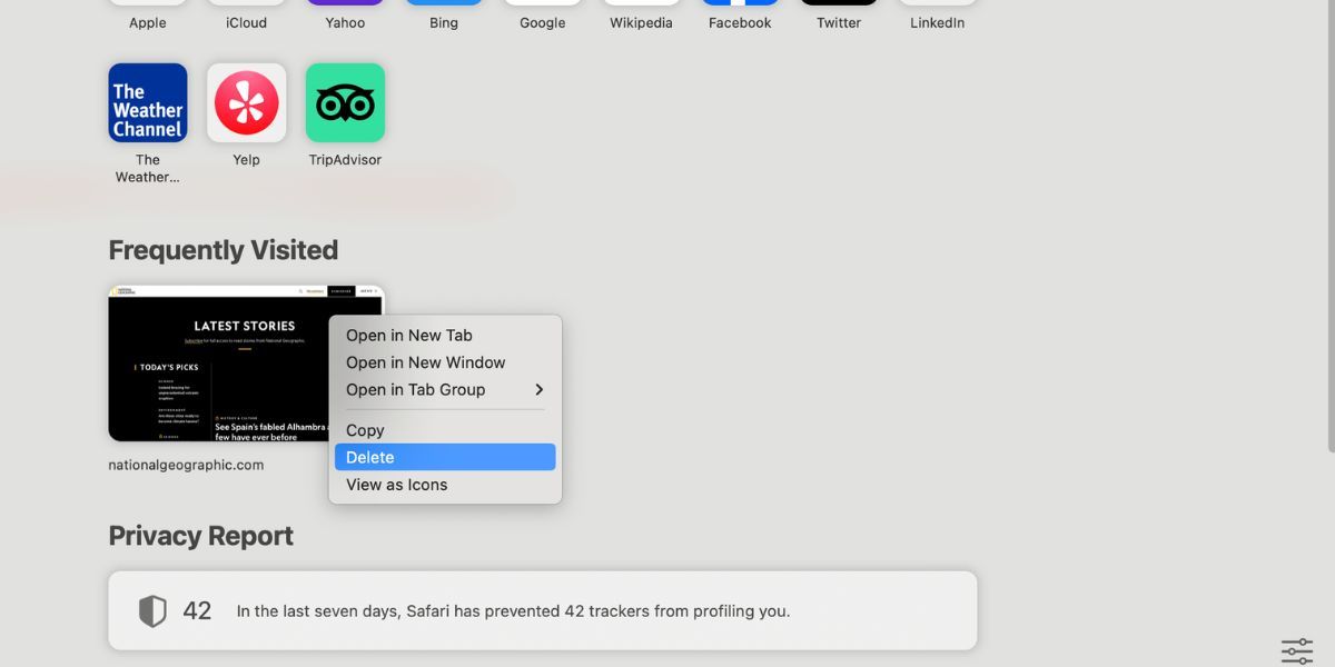 گزینه های وب سایت مکرر بازدید شده از mac safari
