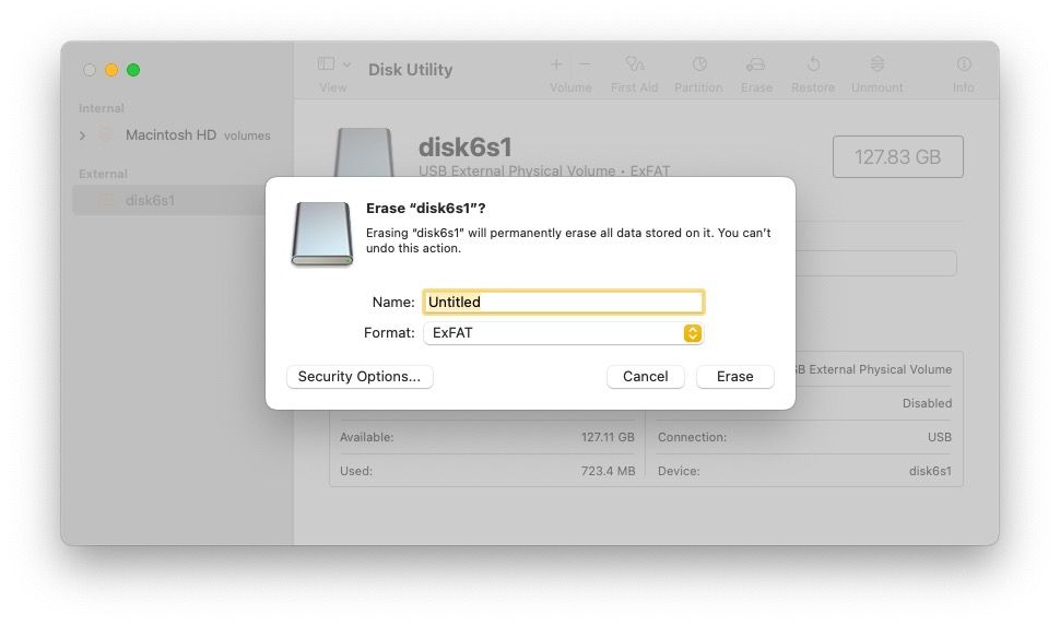 The macOS Disk Utility app prompting to erase all data on a disk with options to select the name and format