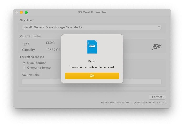 A screenshot showing a read-only error in SD Card Formatter for Mac
