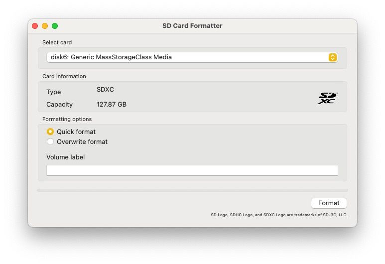 A macOS app named SD Card Formatter shows a simple interface with card information and formatting options.