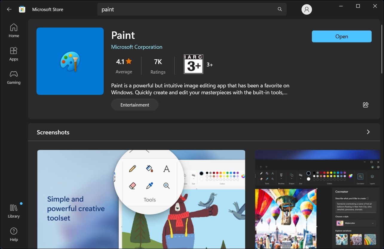 Приложение Microsoft Paint в Microsoft Store в Windows 11