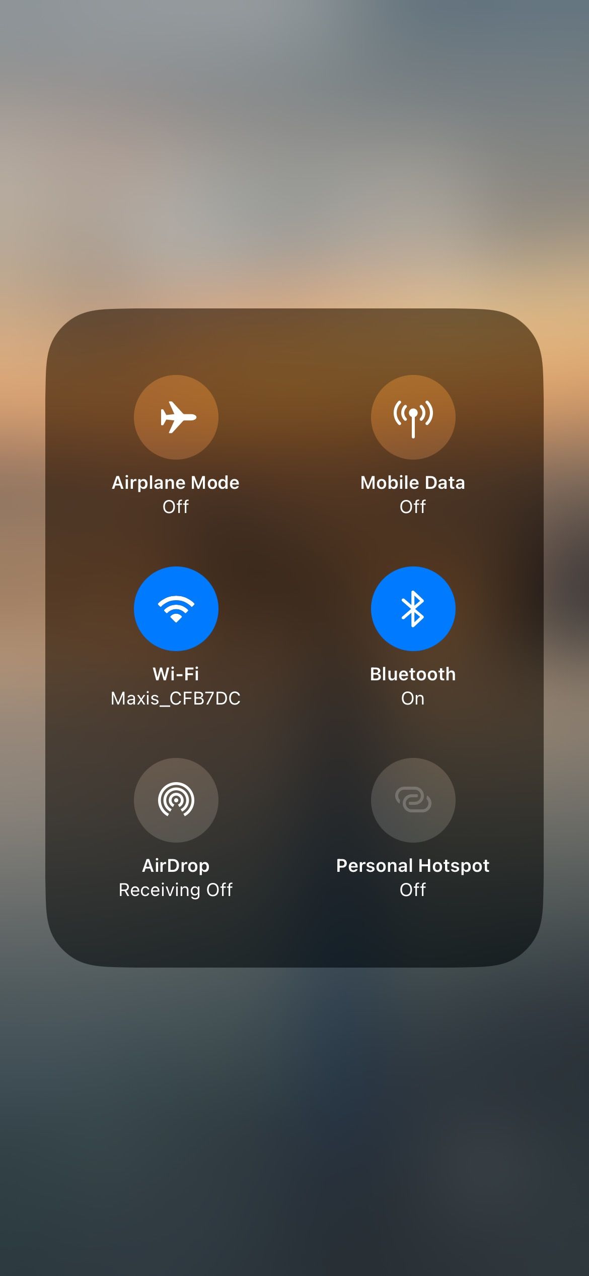 network options in iphone control center