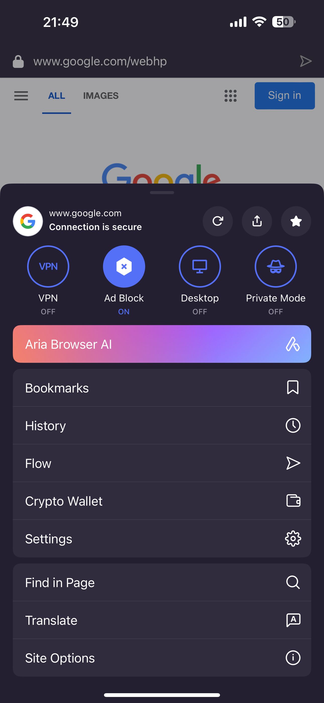 Options in Opera browser