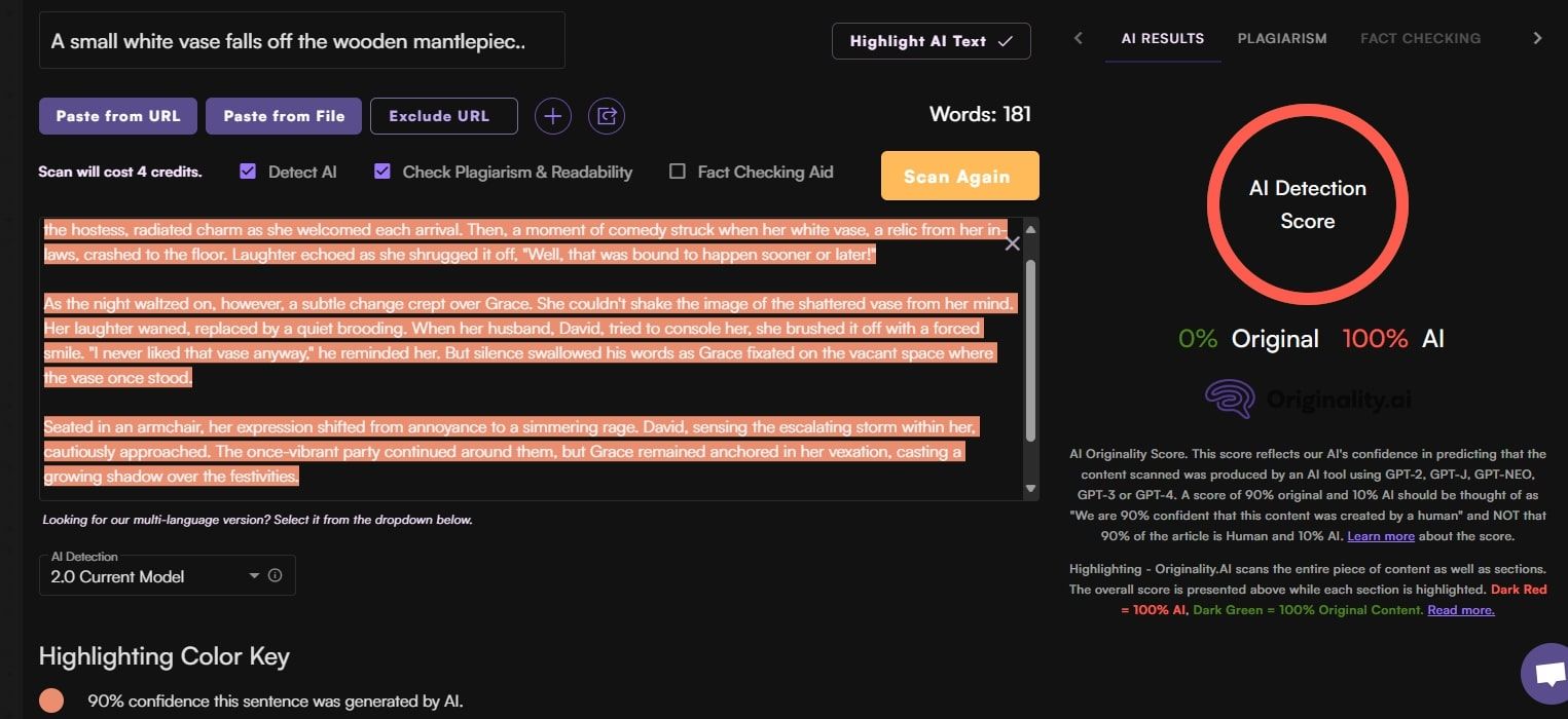 اسکرین شات از originality.ai نتایج تشخیص هوش مصنوعی