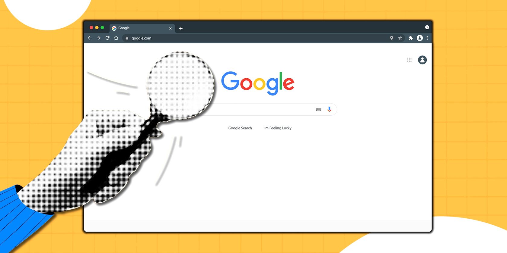 person holding magnifying glass over google chrome browser