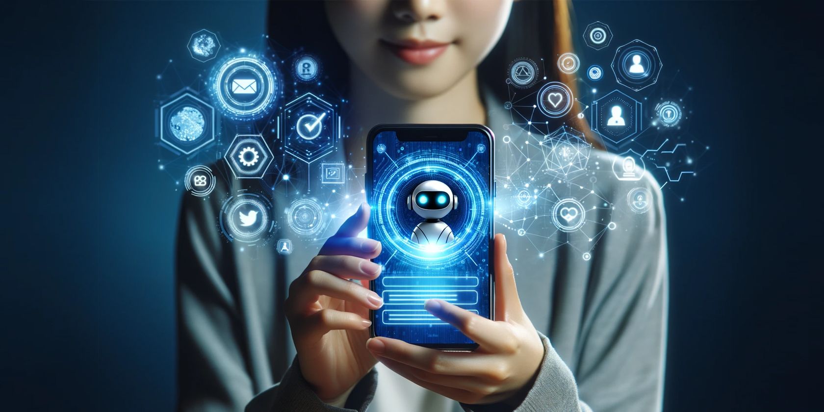 person holding a smartphone with chatbot application facing viewer surrounded by icons