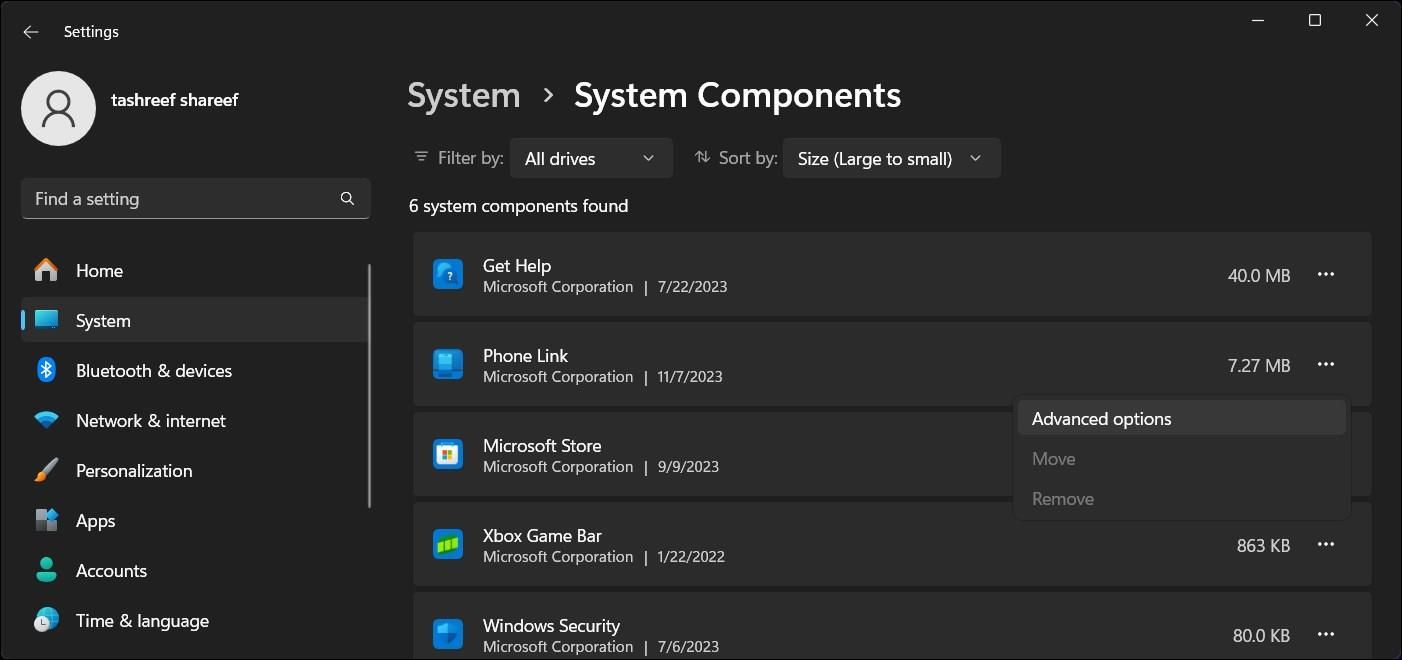 Options avancées de Phone Link dans les paramètres de Windows 11