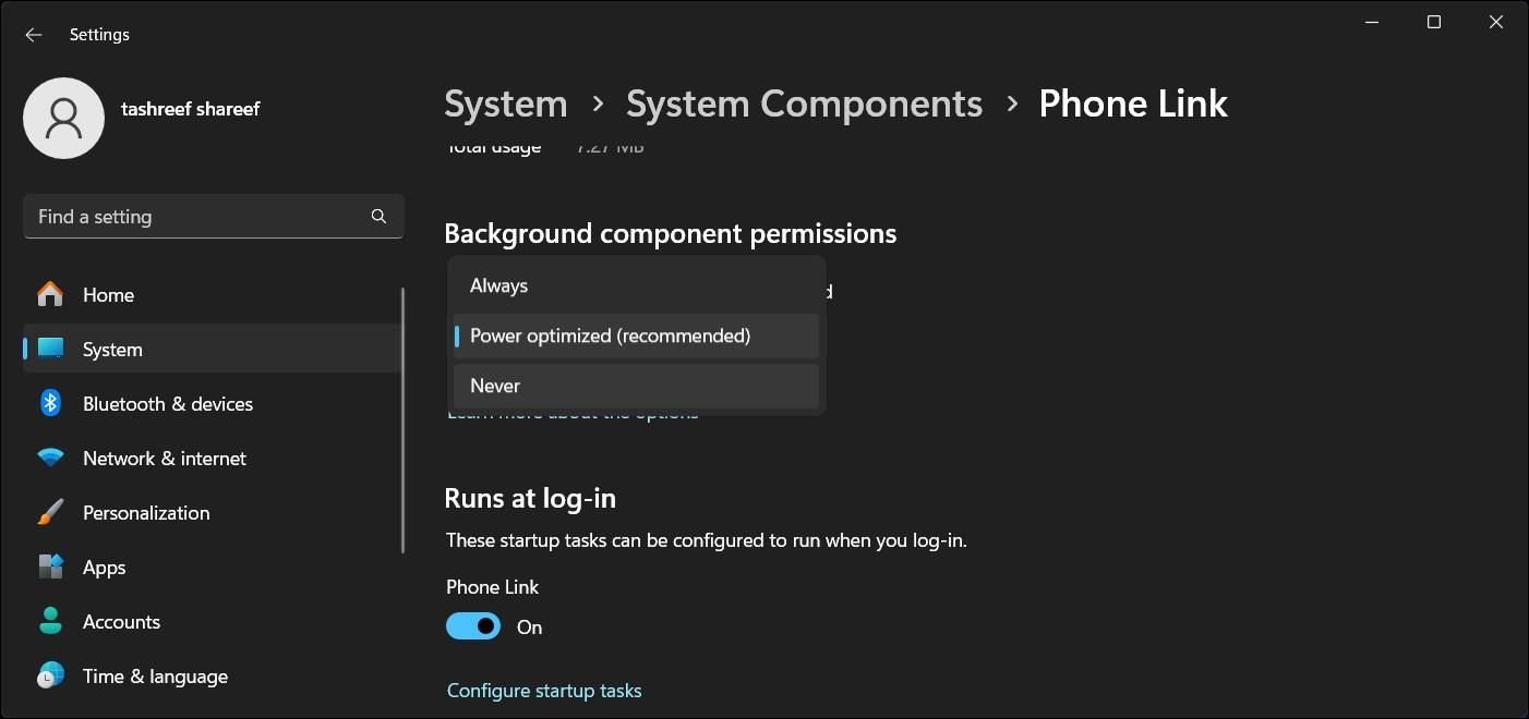Autorisations d'arrière-plan de Phone Link définies sur Jamais dans les paramètres de Windows 11