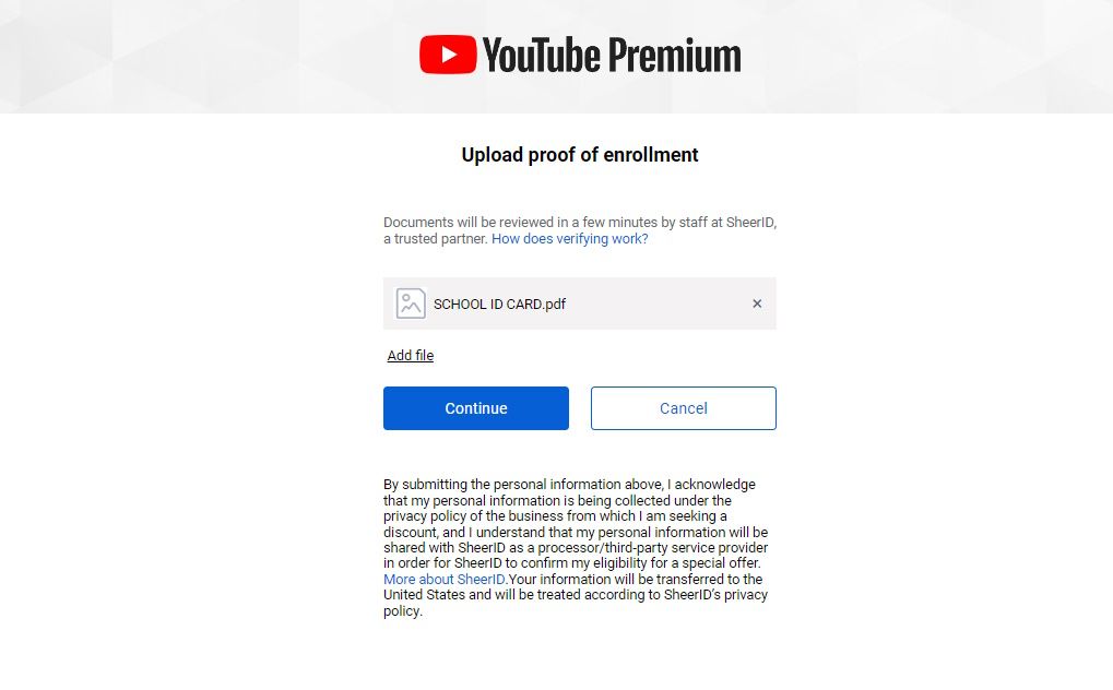 YouTube premium upload proof of enrollment