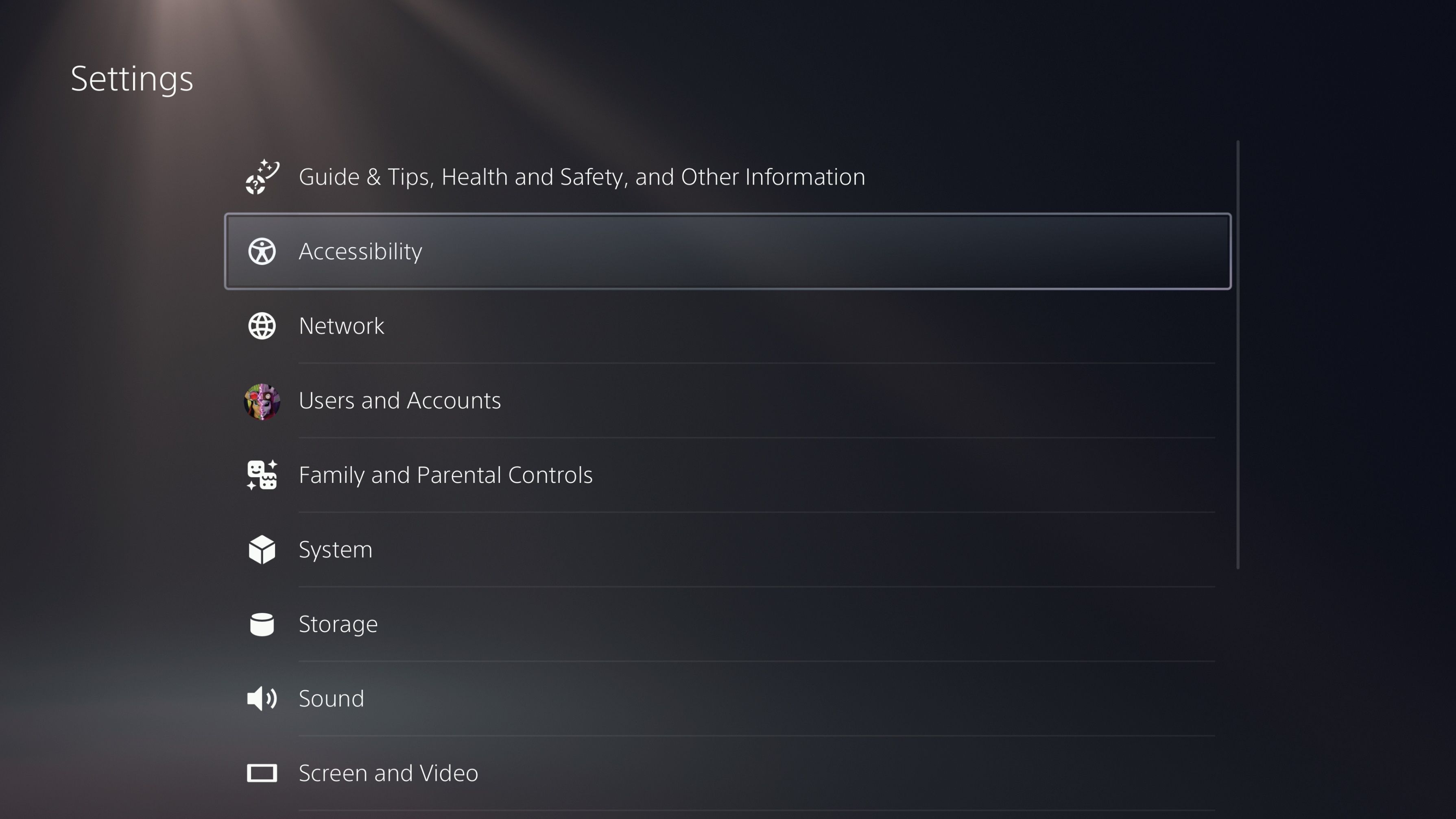 بخش دسترسی به تنظیمات PS5