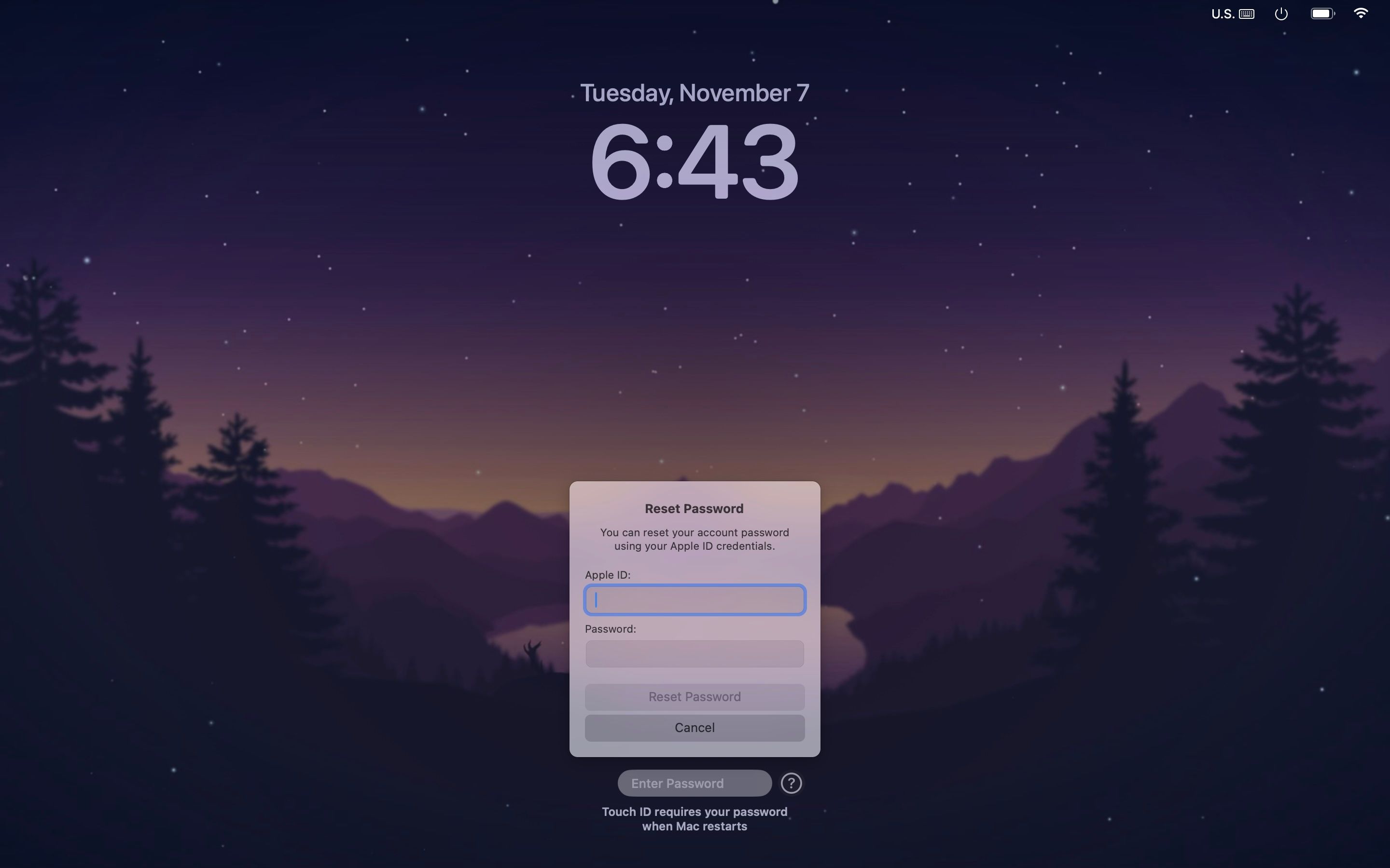 Изскачащ прозорец за нулиране на парола на заключен екран на macOS Sonoma