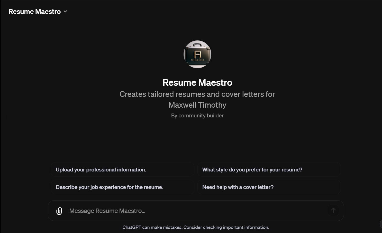 اسکرین شات از Custom GPT Resume Maestro