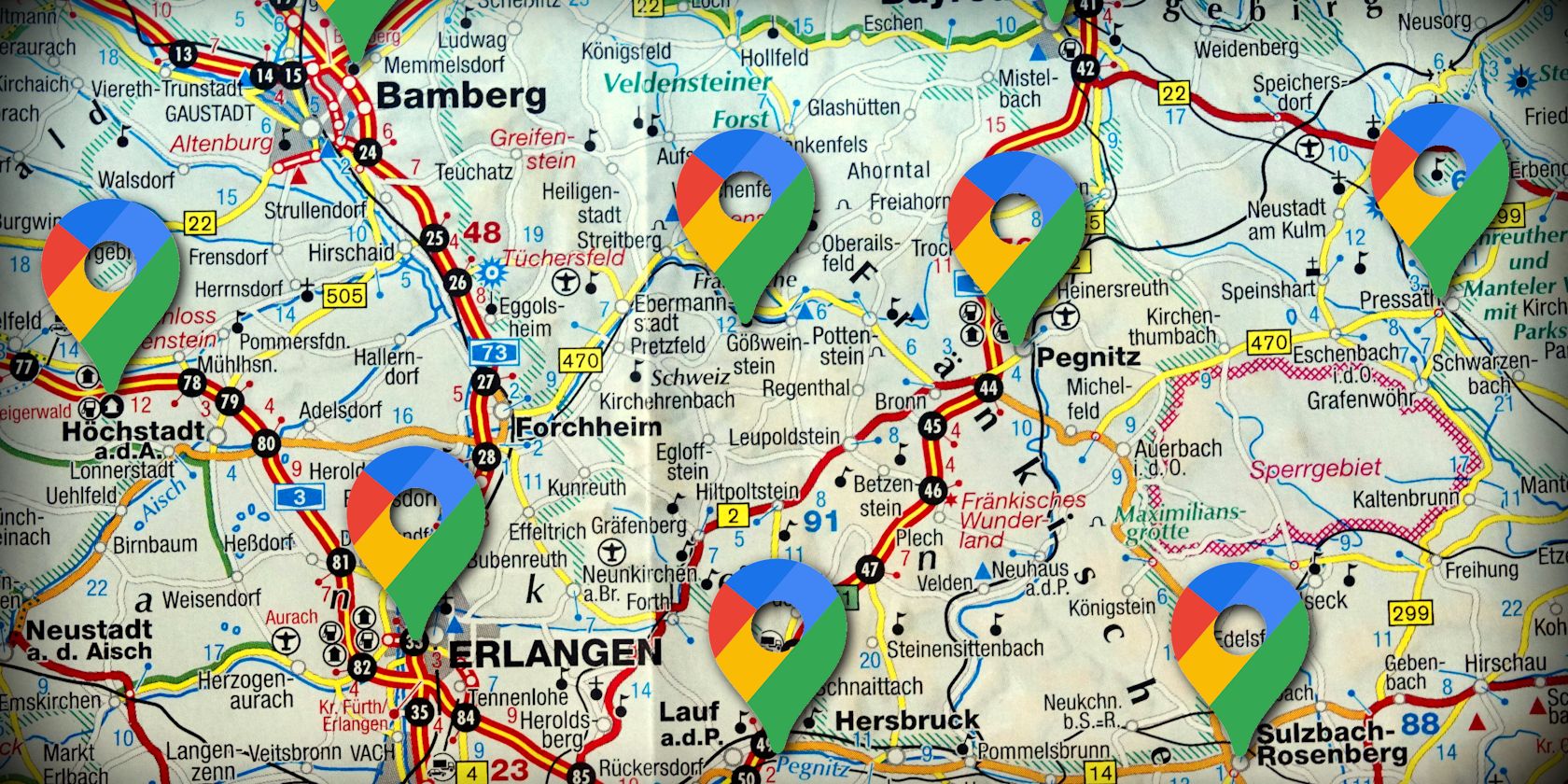 road map with google maps logos spread around in different locations