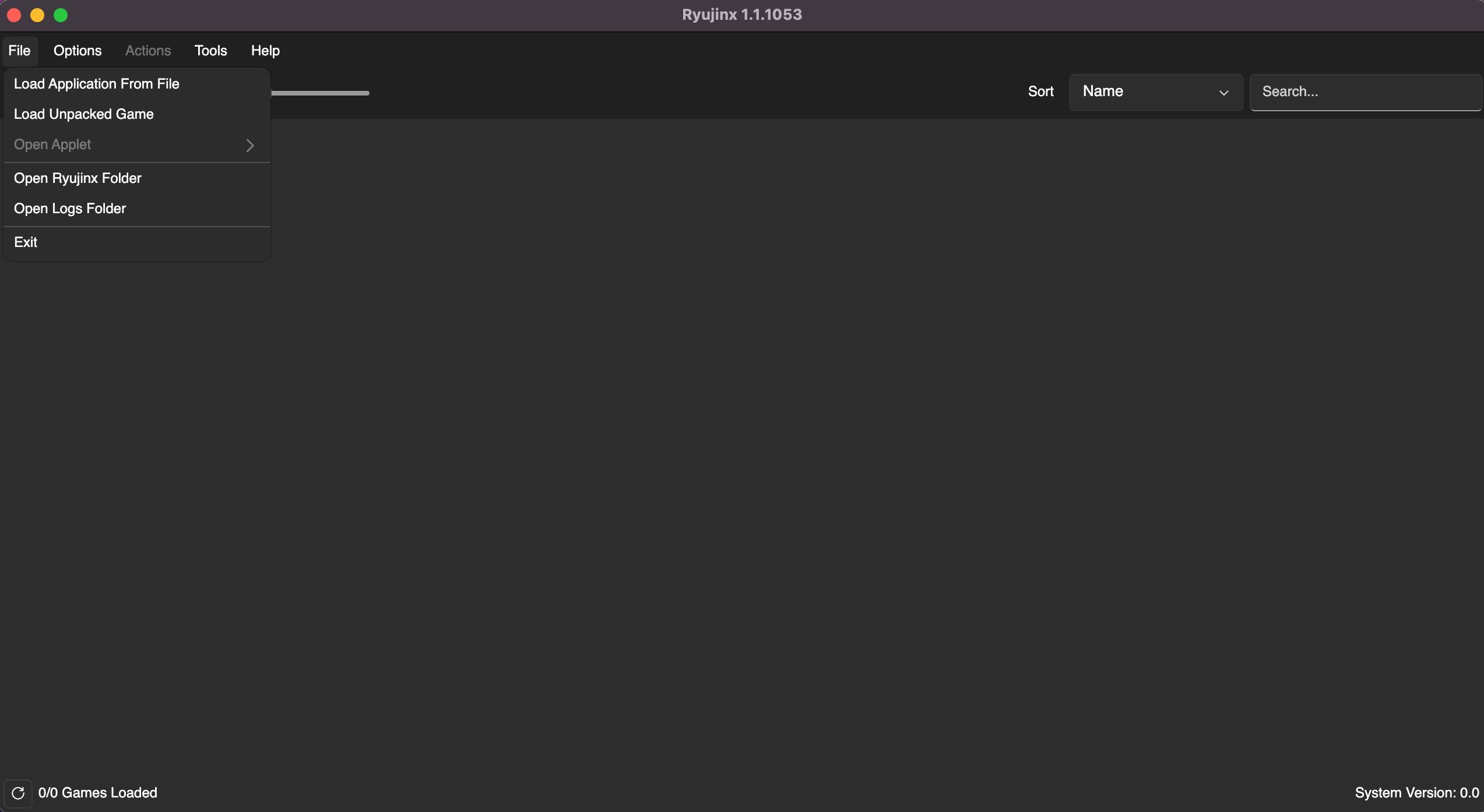 La page d'accueil de Ryujinx macOS est ouverte, avec des options pour configurer Ryujinx