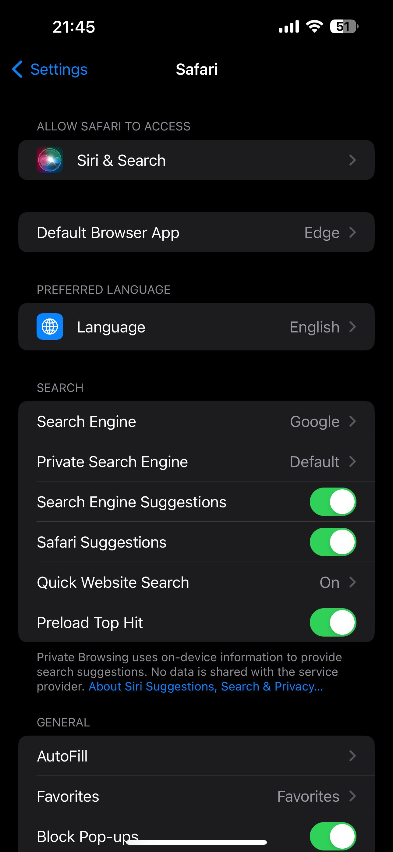Safari settings in iOS