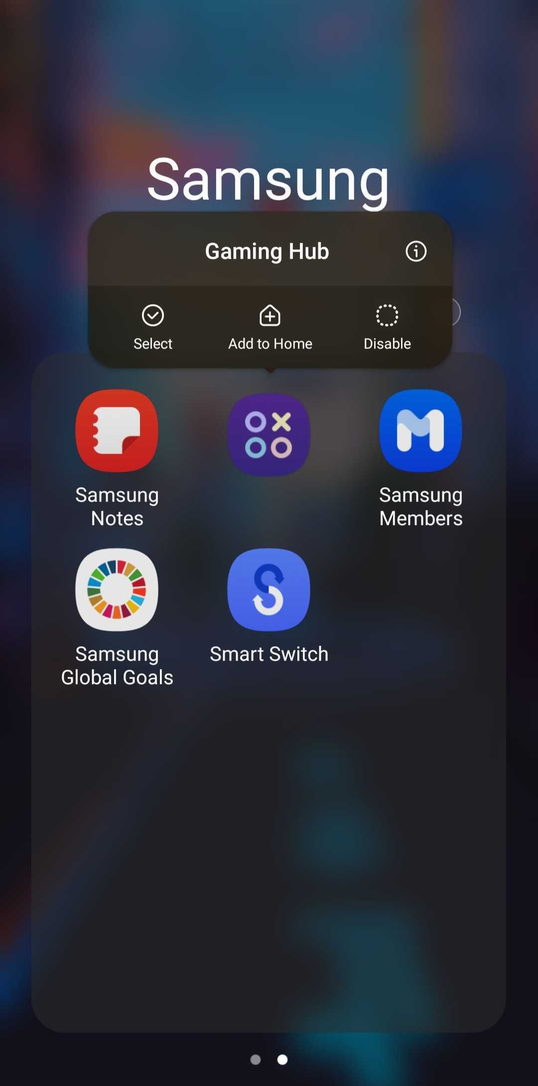 Samsung app menu with settings pop up 