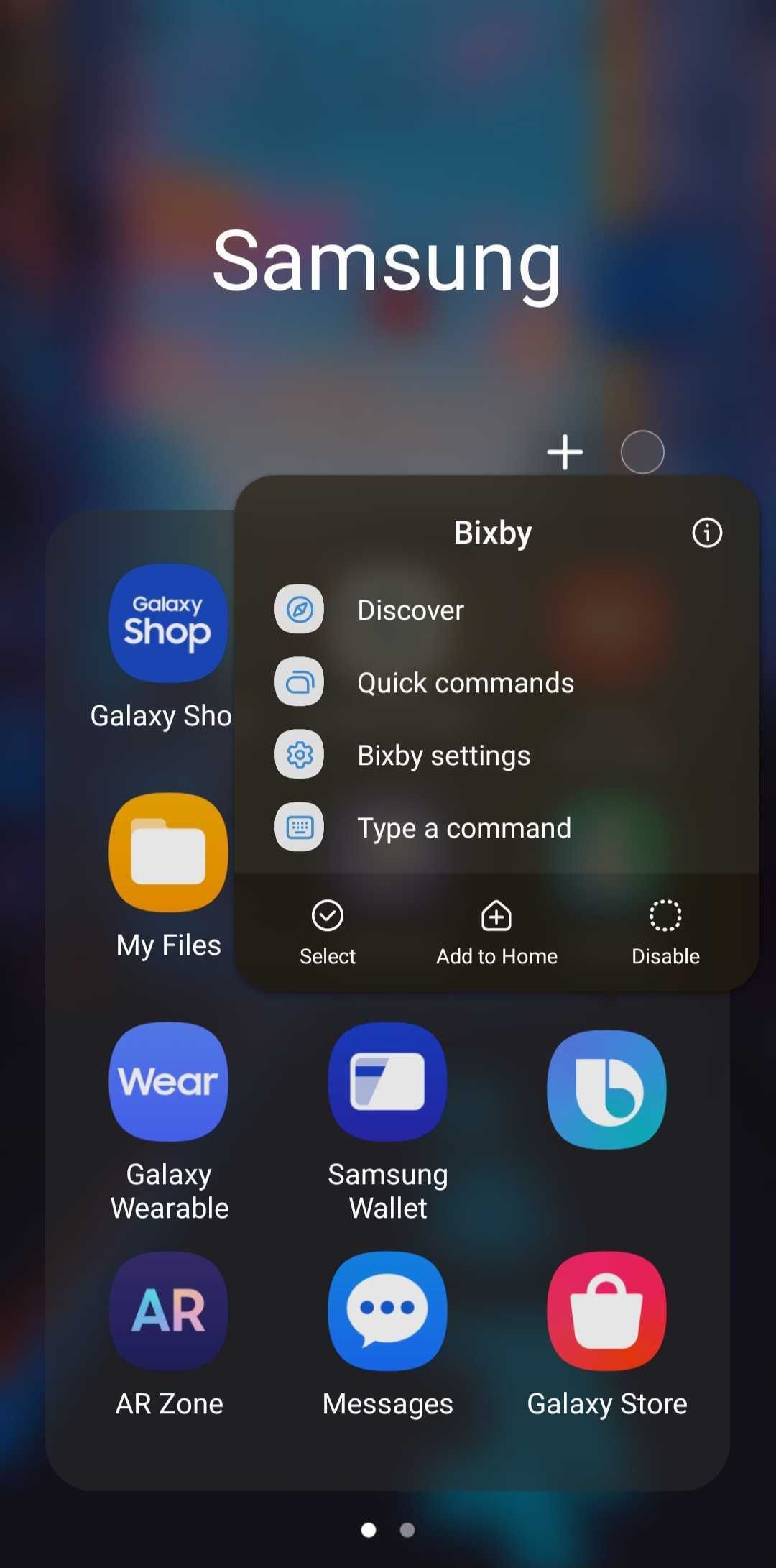 Samsung app menu with settings pop up