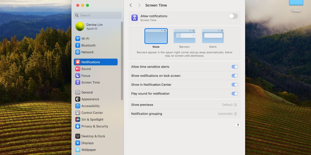screen time notifications settings on mac