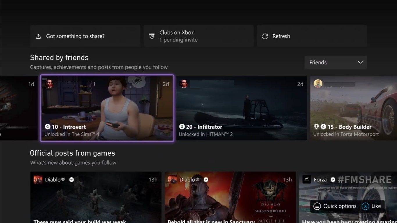 تصویری از منوی اصلی برنامه Friends and Community Updates در Xbox Series X