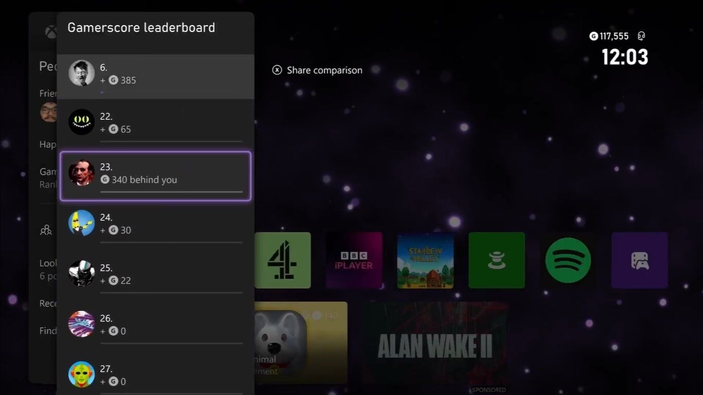 تصویری از تابلوی امتیازات Gamerscore در Xbox Series X