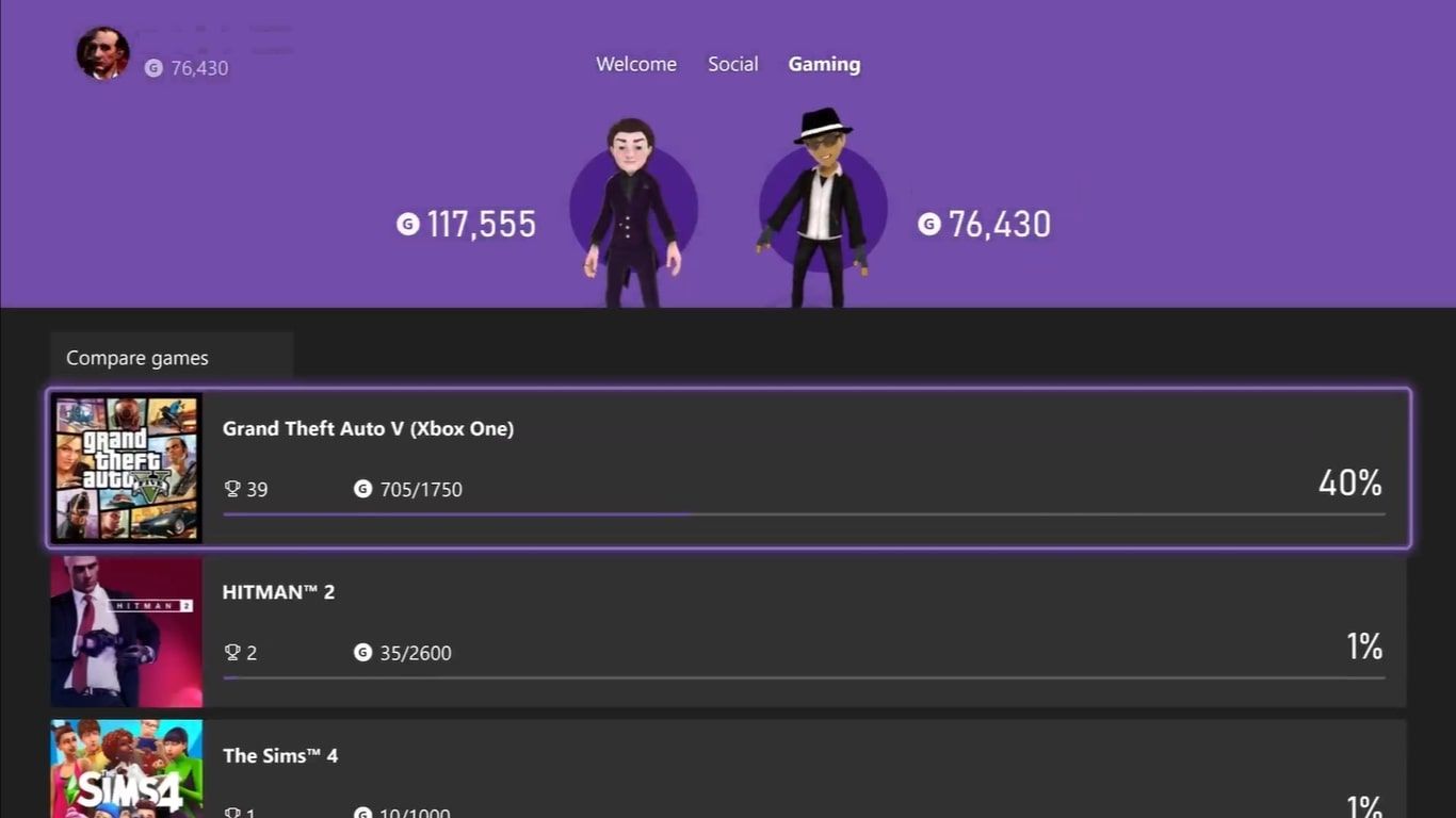 تصویری از گزینه Gaming موجود در Xbox Series X هنگام مقایسه دو نمایه Xbox