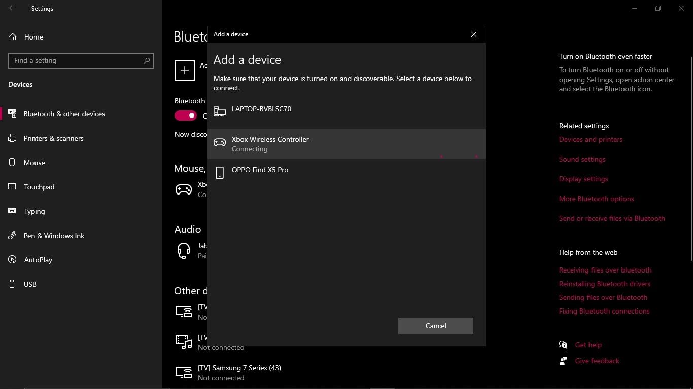 تصویری از گزینه Add A Device که از طریق تنظیمات بلوتوث یک کامپیوتر ویندوزی در دسترس است
