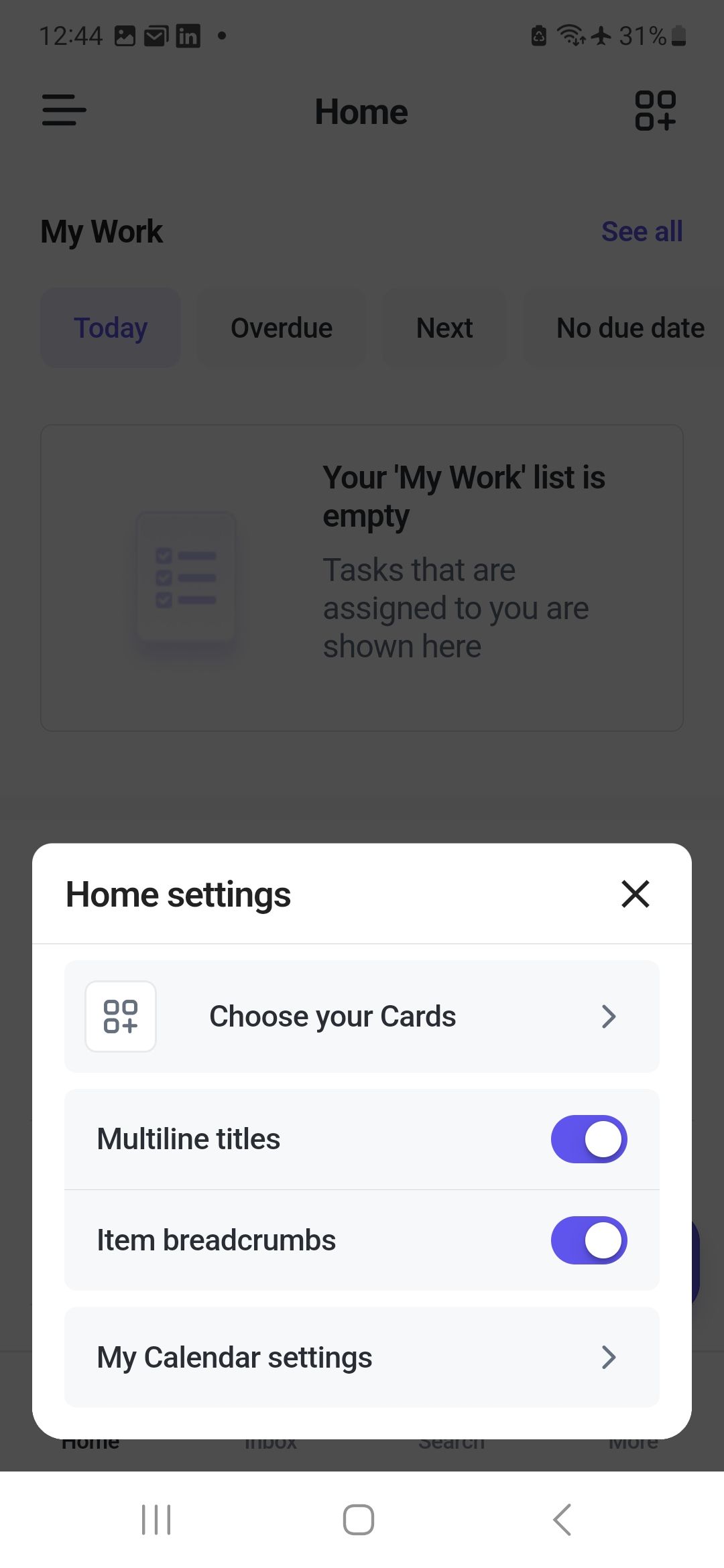 Screenshot of ClickUp home screen options
