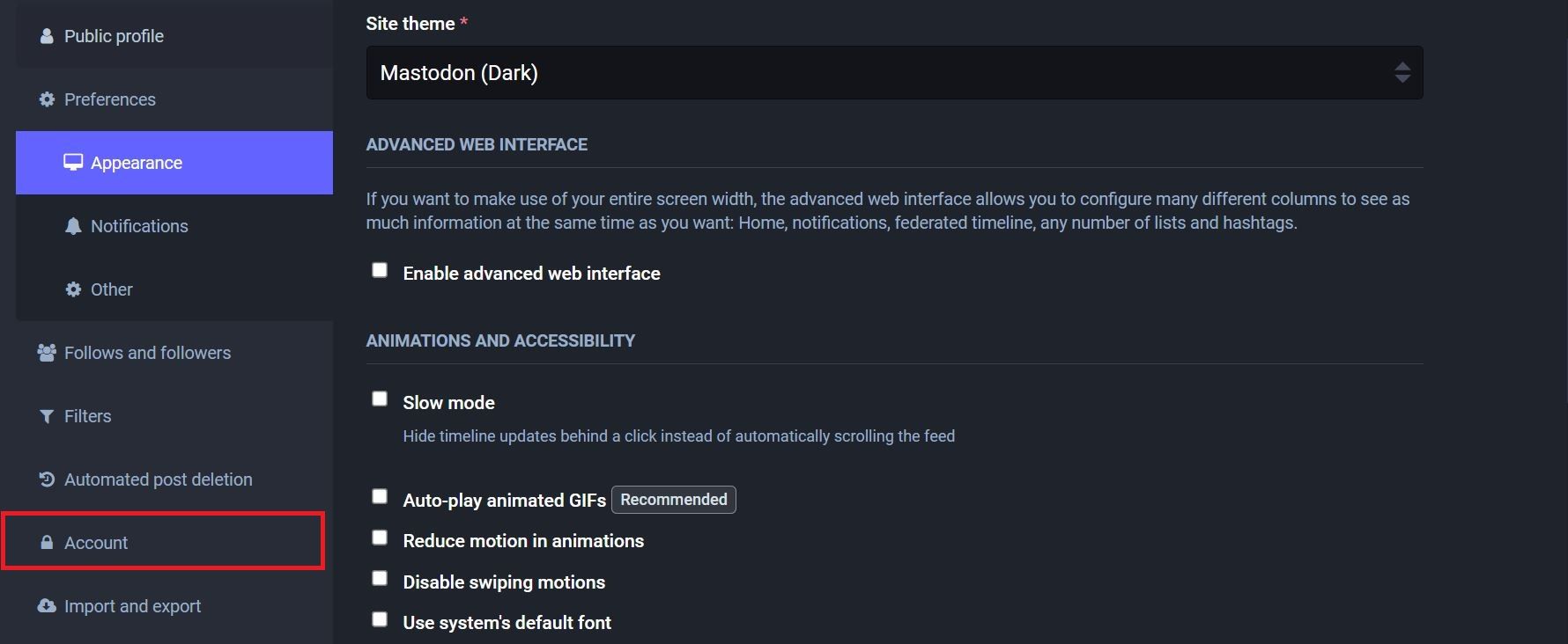 screenshot of mastodon preferences page on desktop