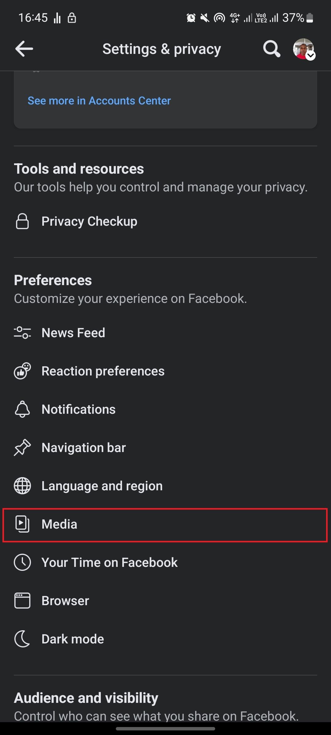 screenshot of settings and privacy page on facebook showing media