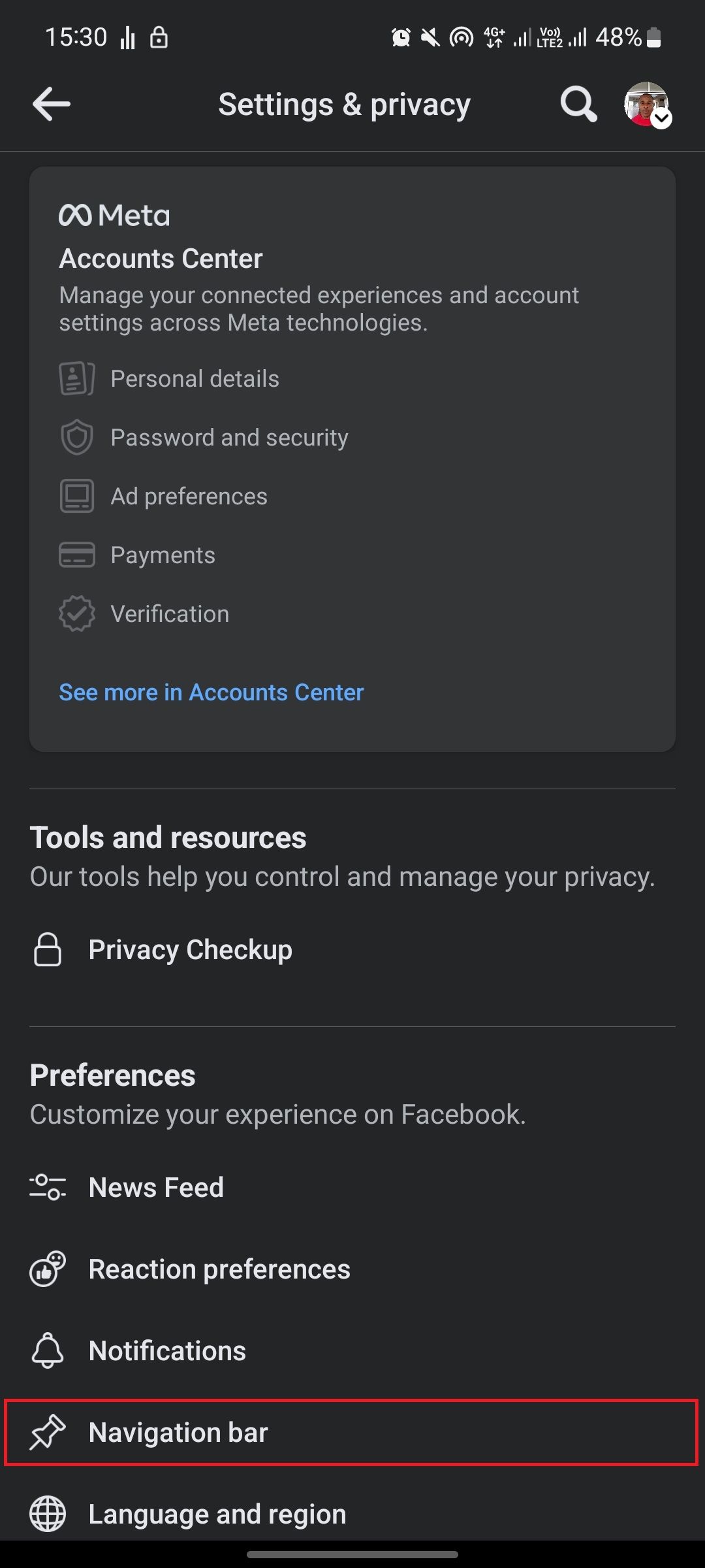 Screenshot of Settings and Privacy page on Facebook