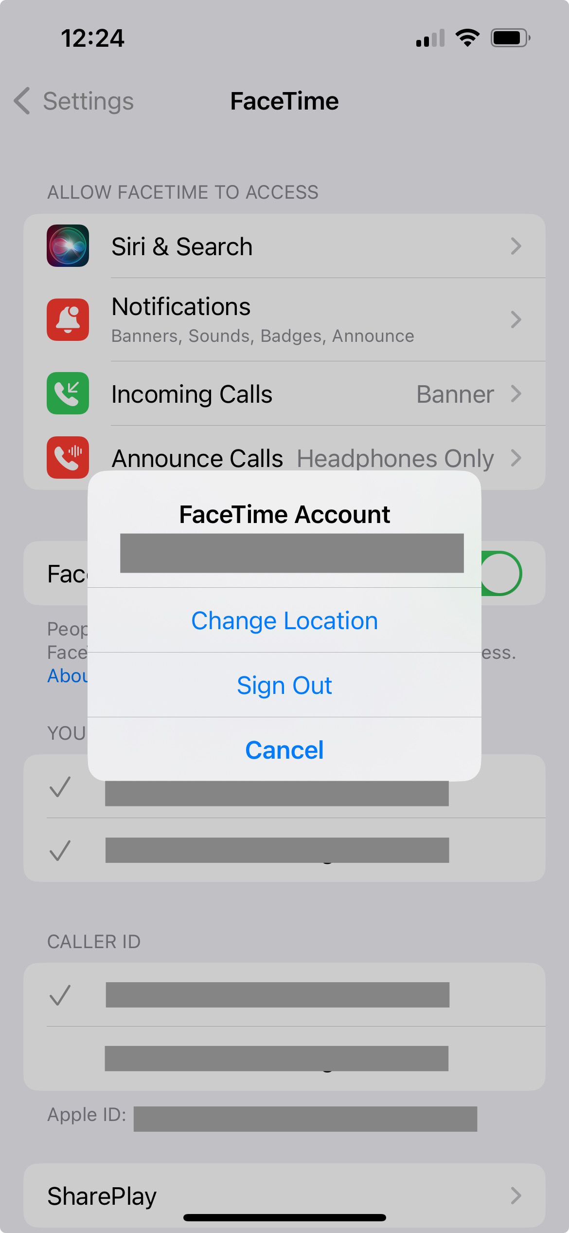sign out of facetime popup on iphone