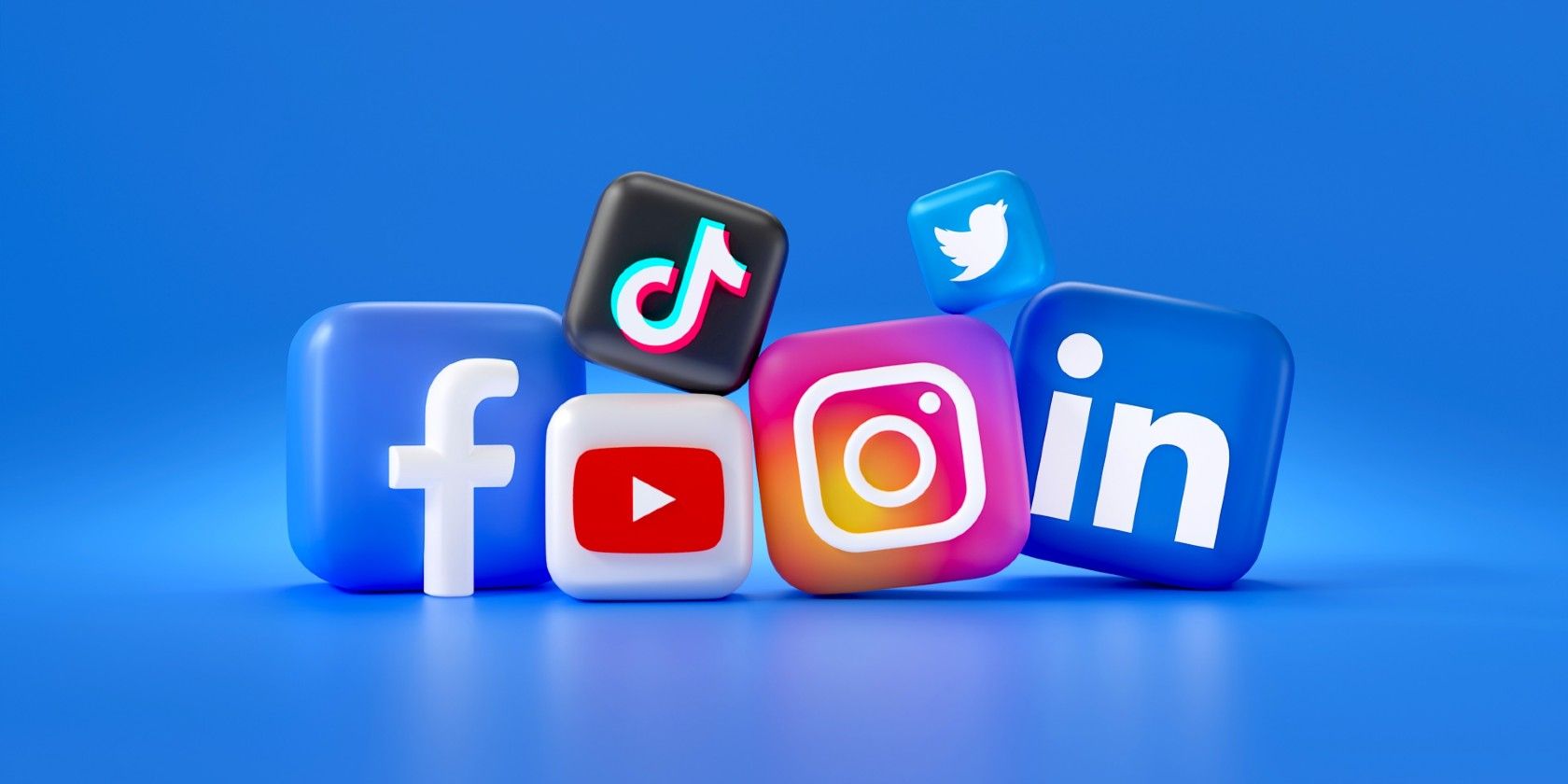 Social media icons for Facebook, TikTok, YouTube, Instagram, Twitter, and LinkedIn on a blue background