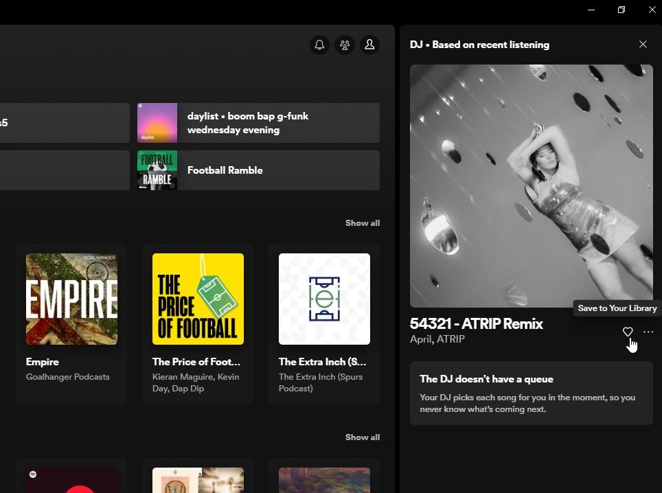 spotify گزینه save to library از ai dj