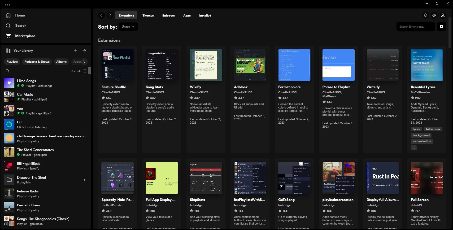 spotify spicetify marketplace extensions tab with options