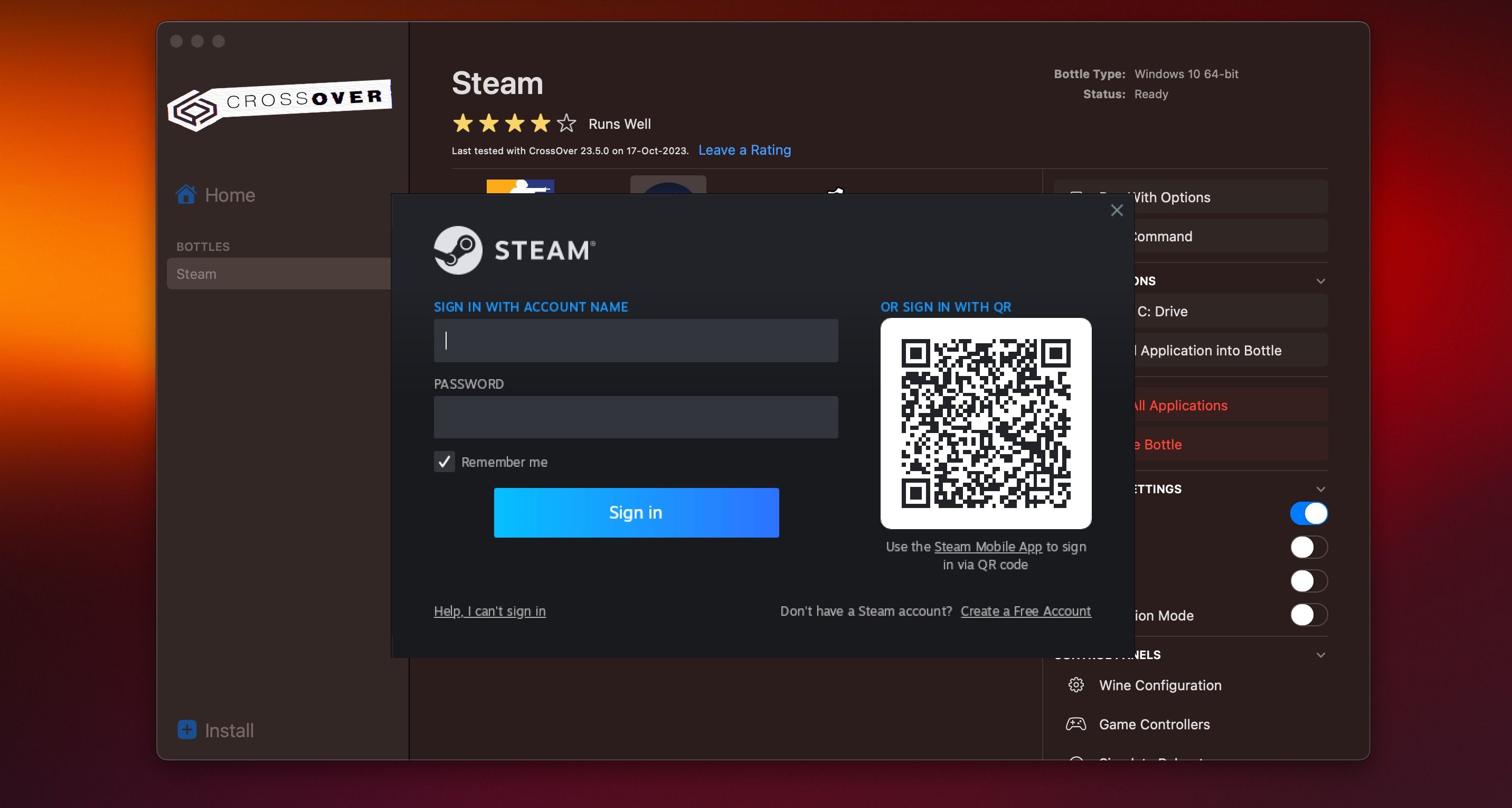Steam ouvert via CrossOver