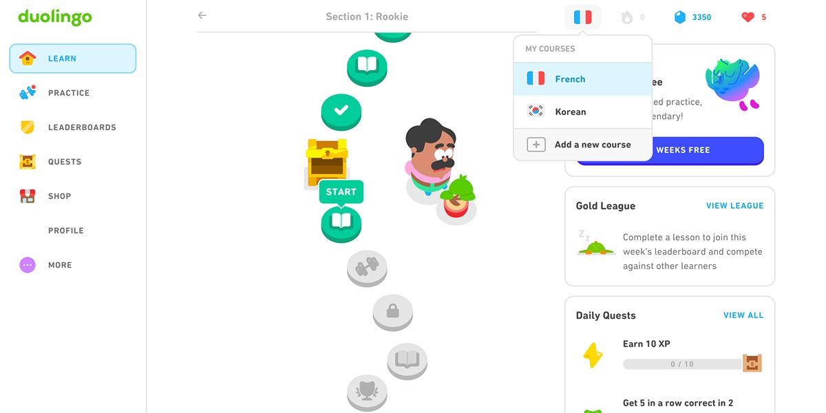 تغییر دوره ها در وب Duolingo