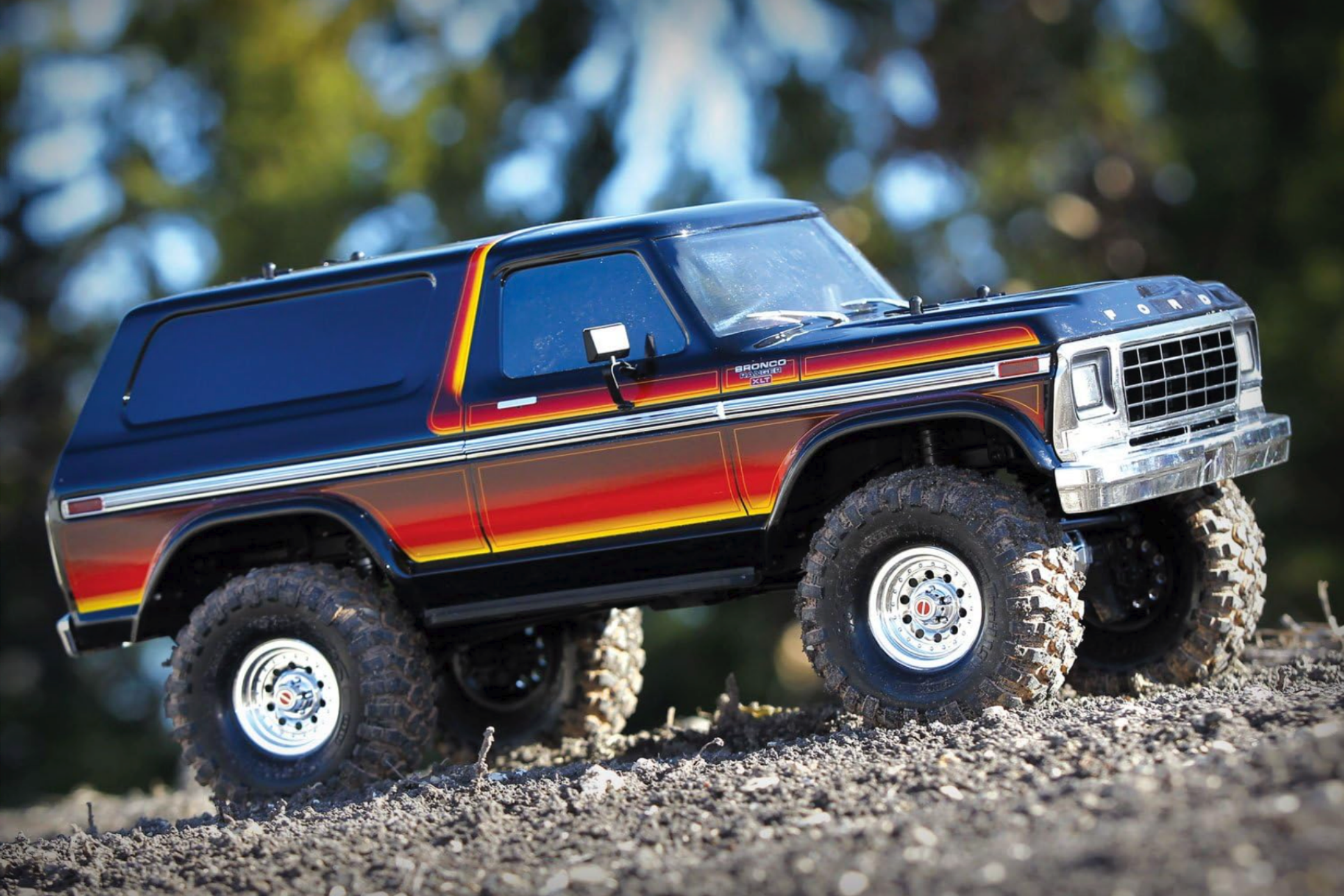 A Traxxas TRX-4 Ford Bronco going uphill