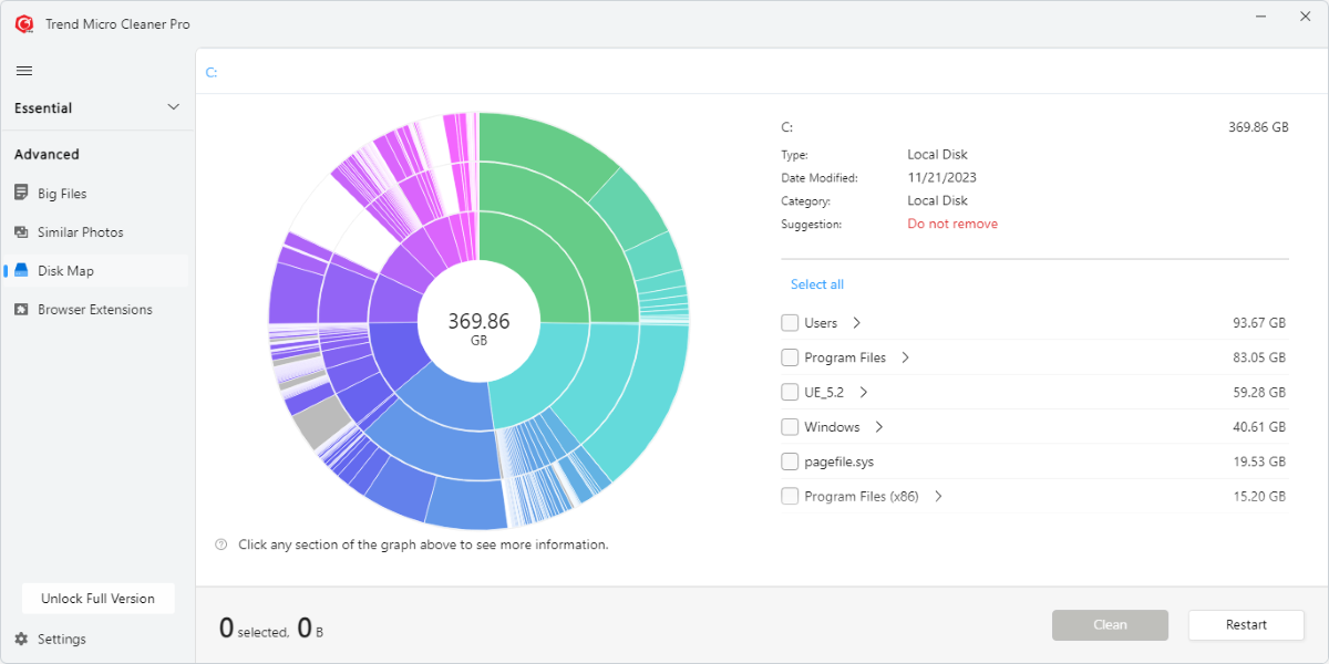 اسکرین شات از تجزیه و تحلیل دیسک Trend Micro Cleaner One Pro