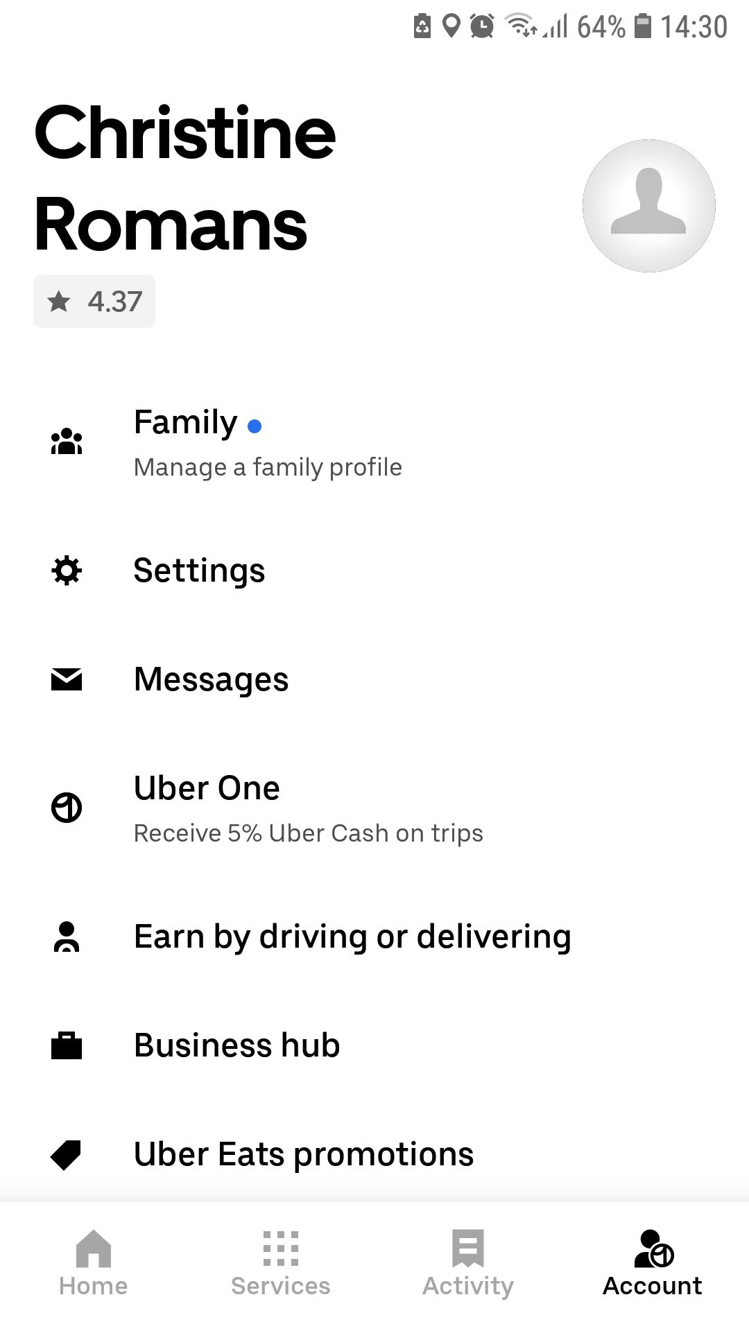 حساب نمایه خانواده برنامه uber