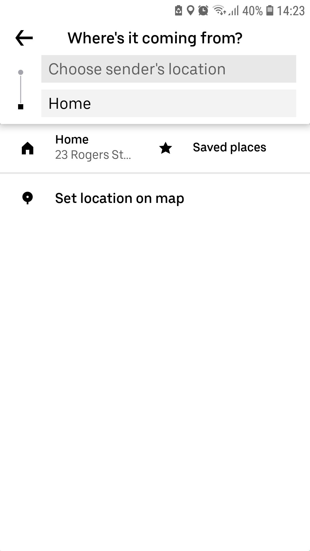 Aplicativo móvel Uber escolhe a localização do remetente