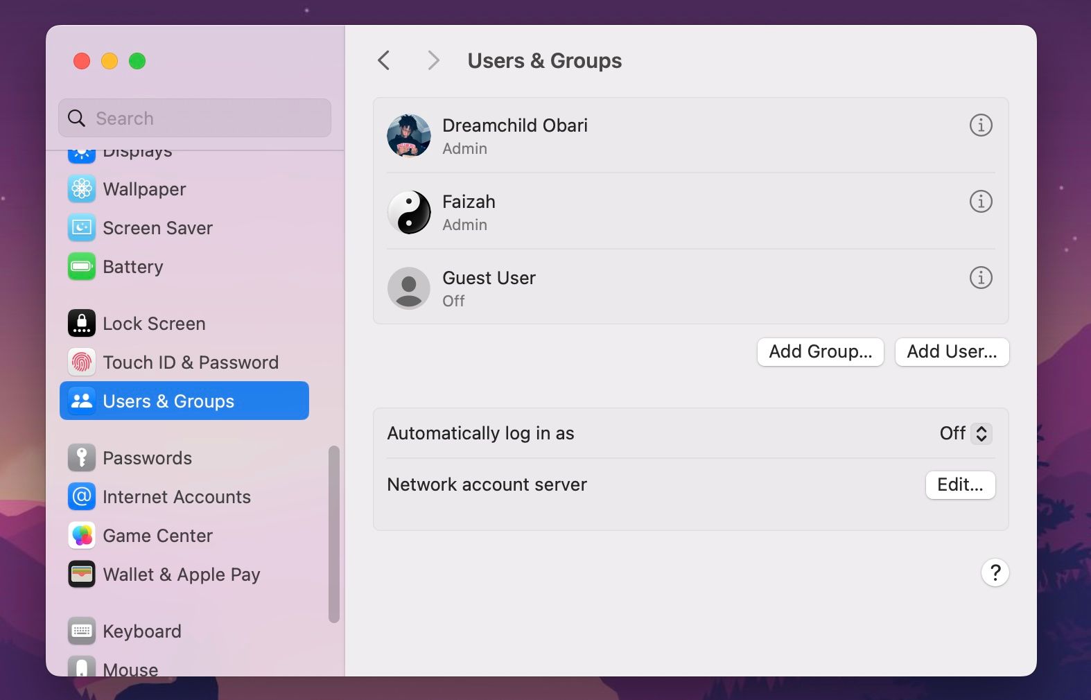 Users & Groups section of System Settings
