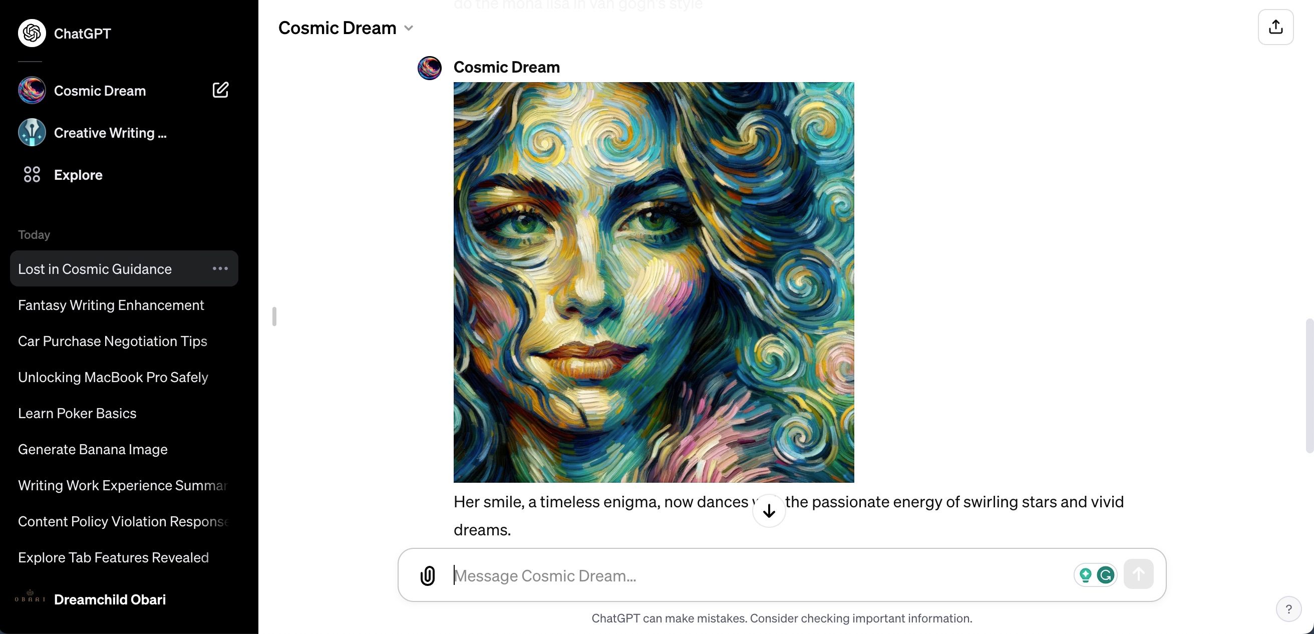 تفسیر مجدد ون گوگ از مونالیزا با استفاده از ChatGPT Cosmic Dream