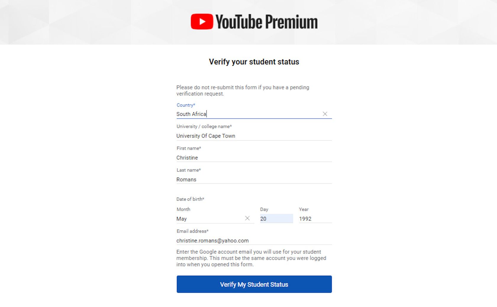 YouTube Premium потвърдете статуса си на студент