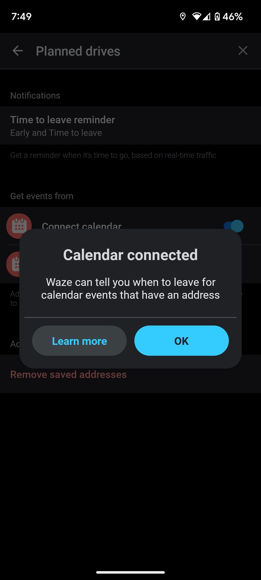 برای تأیید اتصال تقویم در برنامه Waze، تأیید را فشار دهید