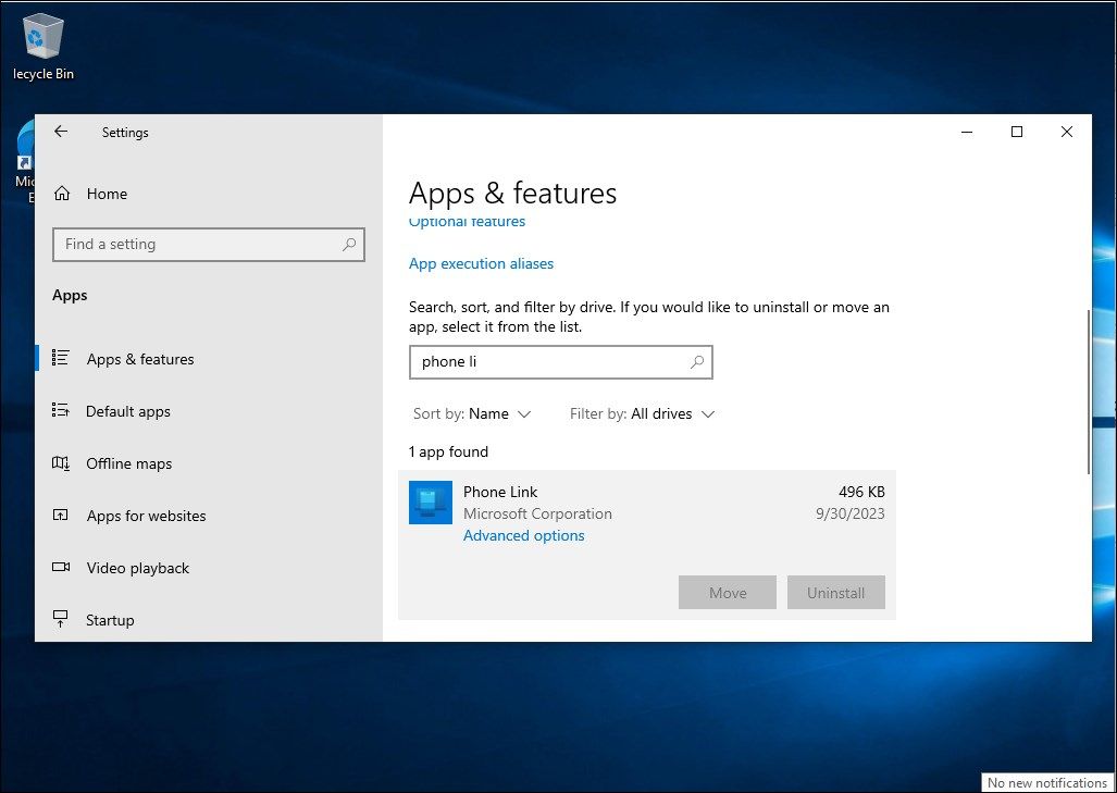 Application Paramètres Windows 10 affichant les options avancées de liaison téléphonique