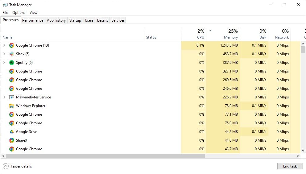 windows 10 task manager memory tab sorted